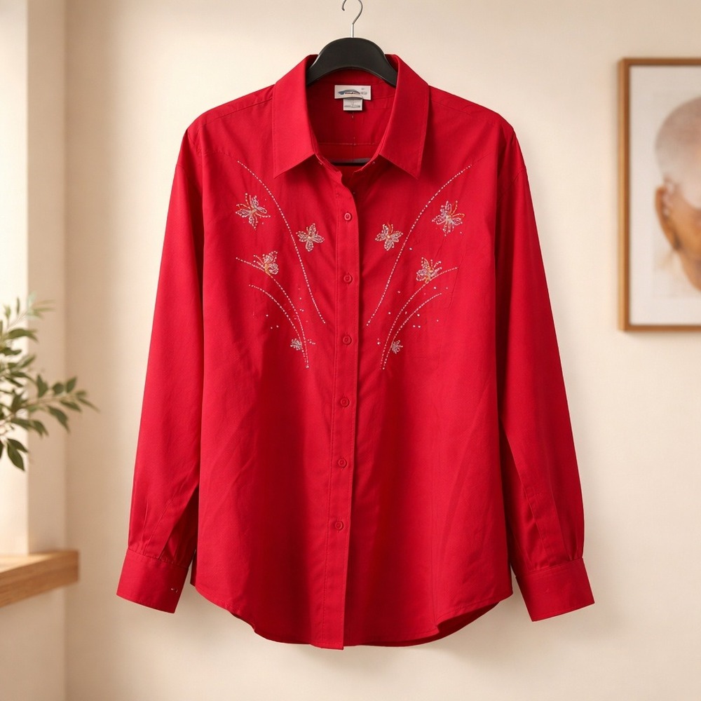Las Olas Womens 1X Red VTG Rhinestone Butterfly Button Down Long Sleeve Shirt